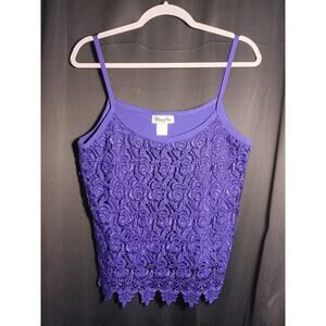 VTG Y2K Cami Crop Top XL Purple Ribbed Floral Crochet Lace Festival Rave Boho US